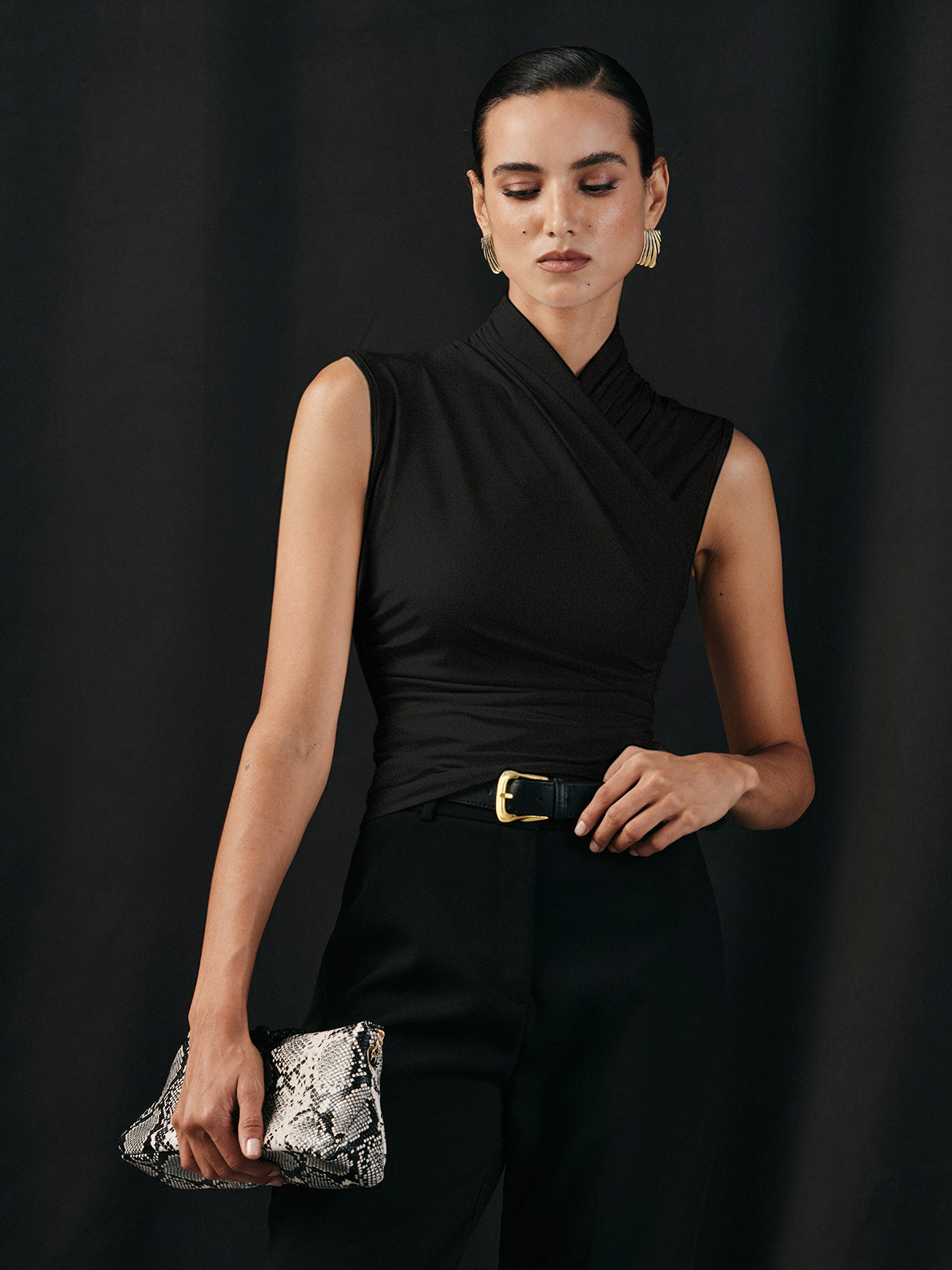Black sleeveless top with ruched detail side view