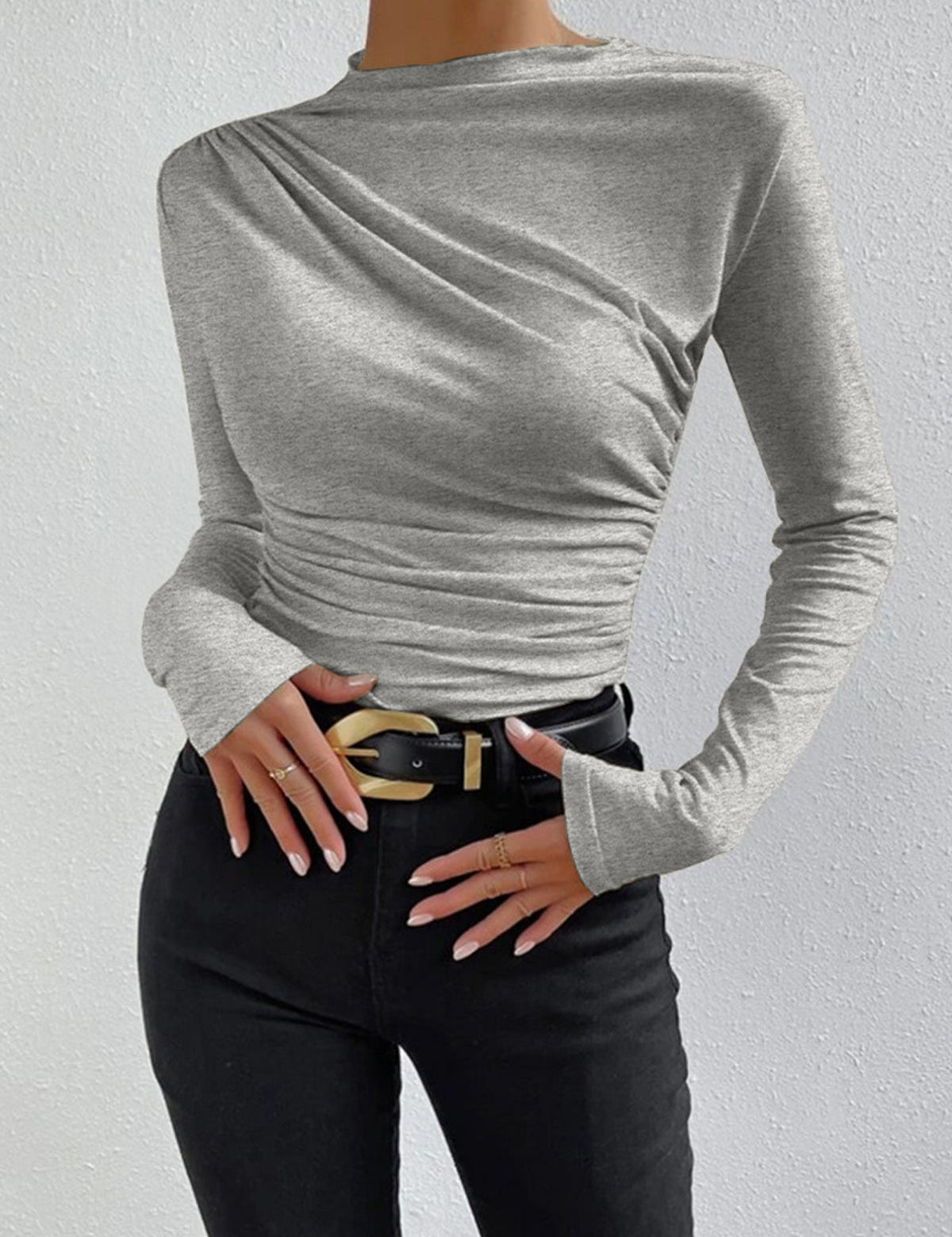 Gray top with ruched draping front view