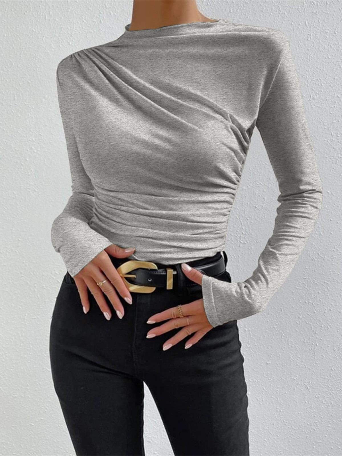 Gray top with ruched draping front view