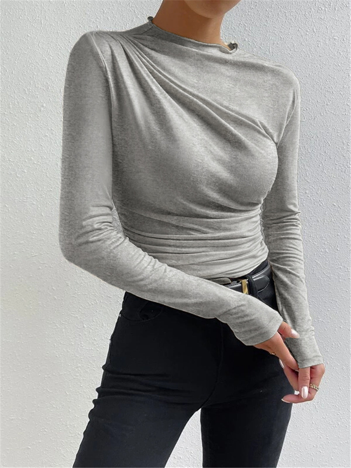 Gray top with ruched draping side view
