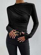 Black top with ruched draping front view
