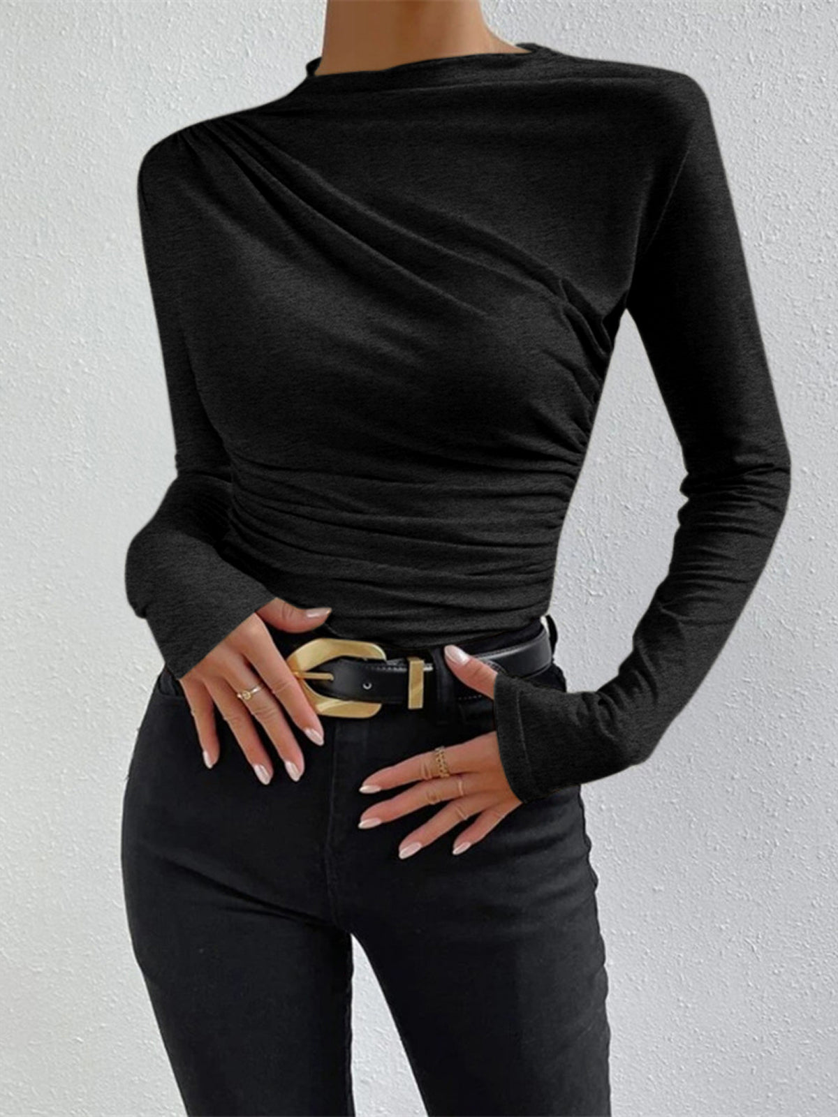 Black top with ruched draping front view