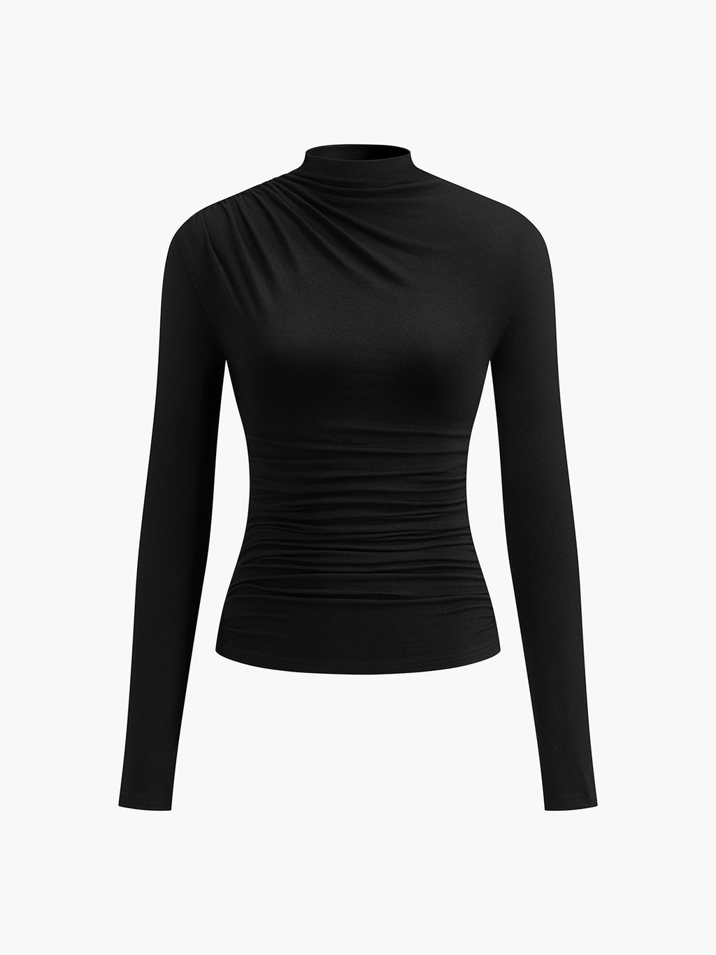 Black top with ruched draping front view