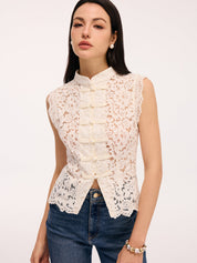 Cream lace blouse with pearl buttons front view