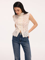 Cream lace blouse with pearl buttons side profile