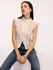 Cream lace blouse with pearl buttons front view