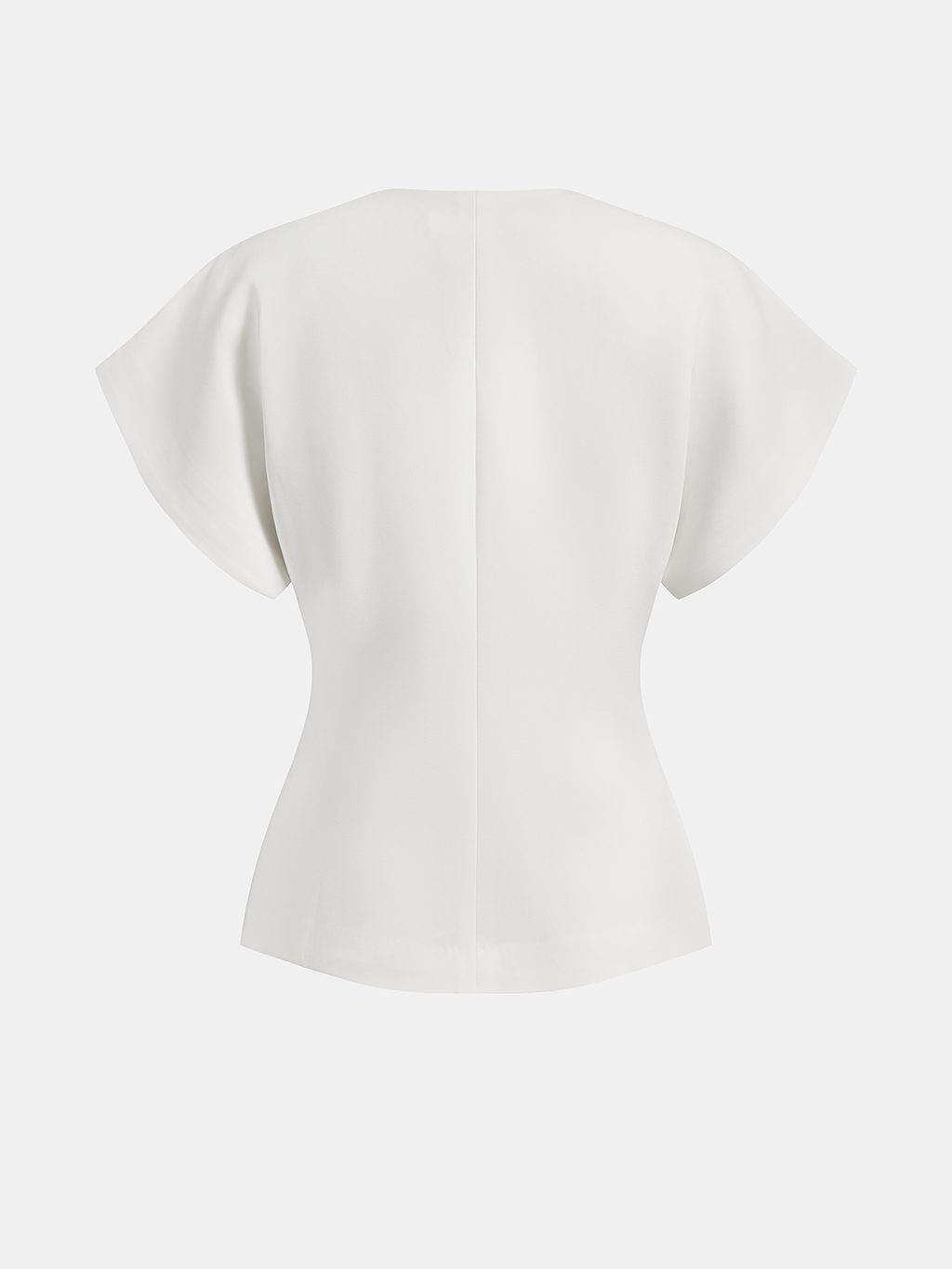 White V-neck top with gold button detail, back view isolated