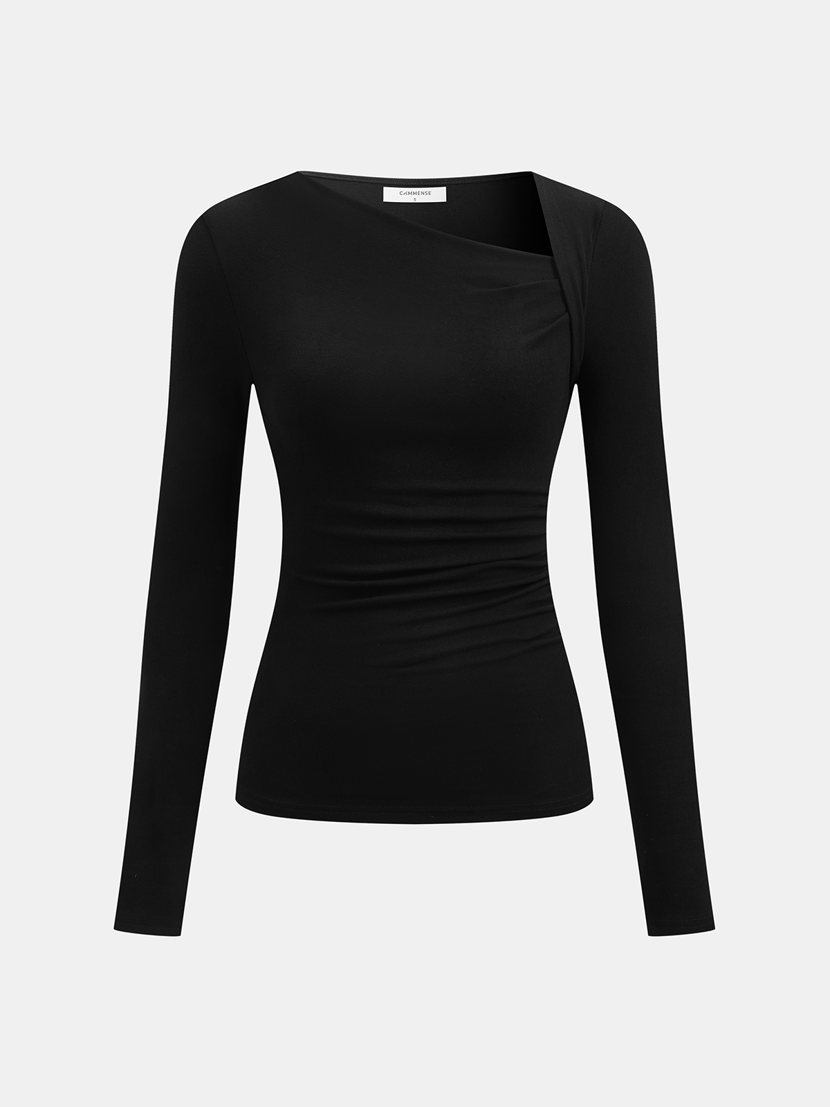 Black asymmetrical neck top with ruched detail front view isolated