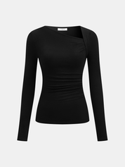 Black asymmetrical neck top with ruched detail front view isolated