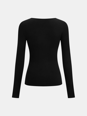 Black asymmetrical neck top with ruched detail back view isolated