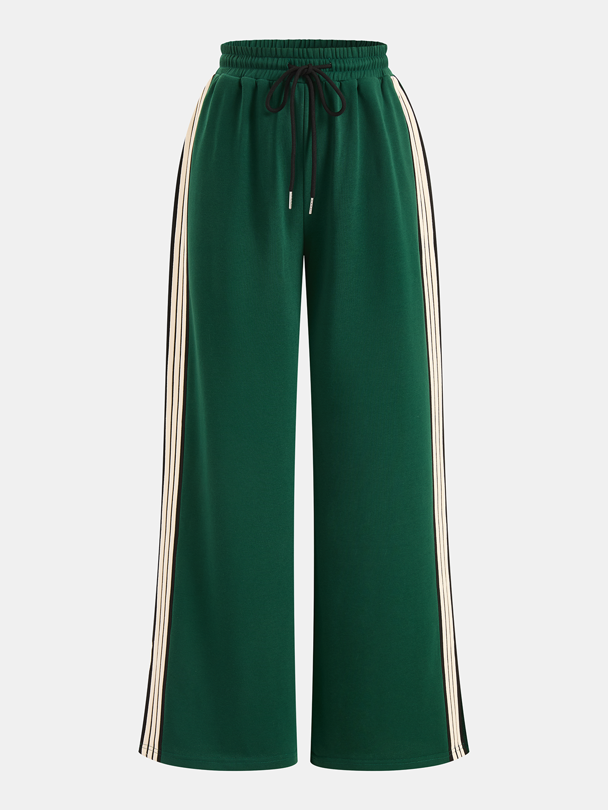 Green joggers with white and black stripes front view isolated