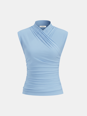 Light blue sleeveless top with ruched detail isolated front view