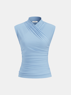 Light blue sleeveless top with ruched detail isolated front view