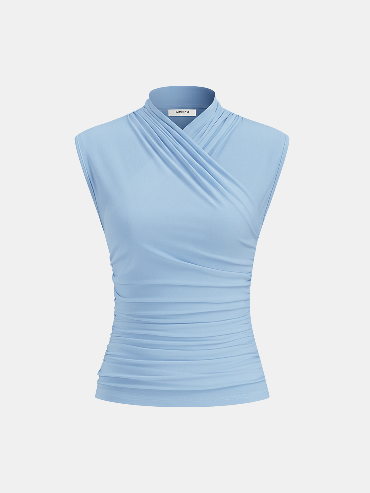 Light blue sleeveless top with ruched detail isolated front view
