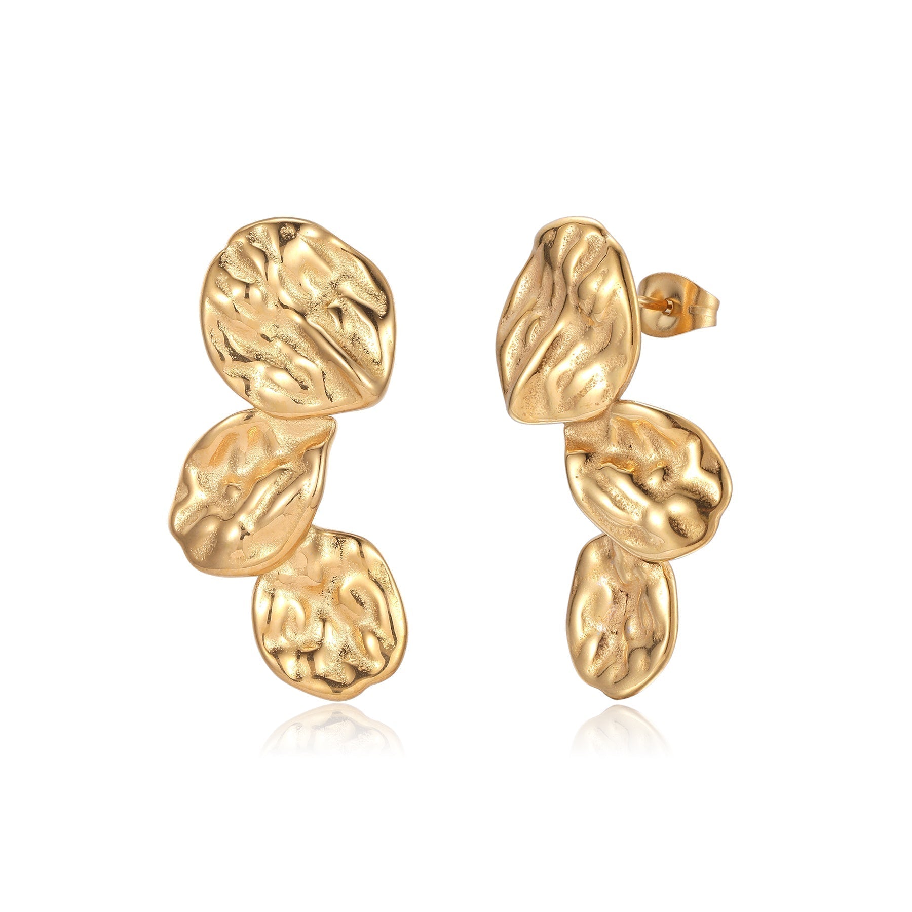 Gold cascade earrings with textured discs front view