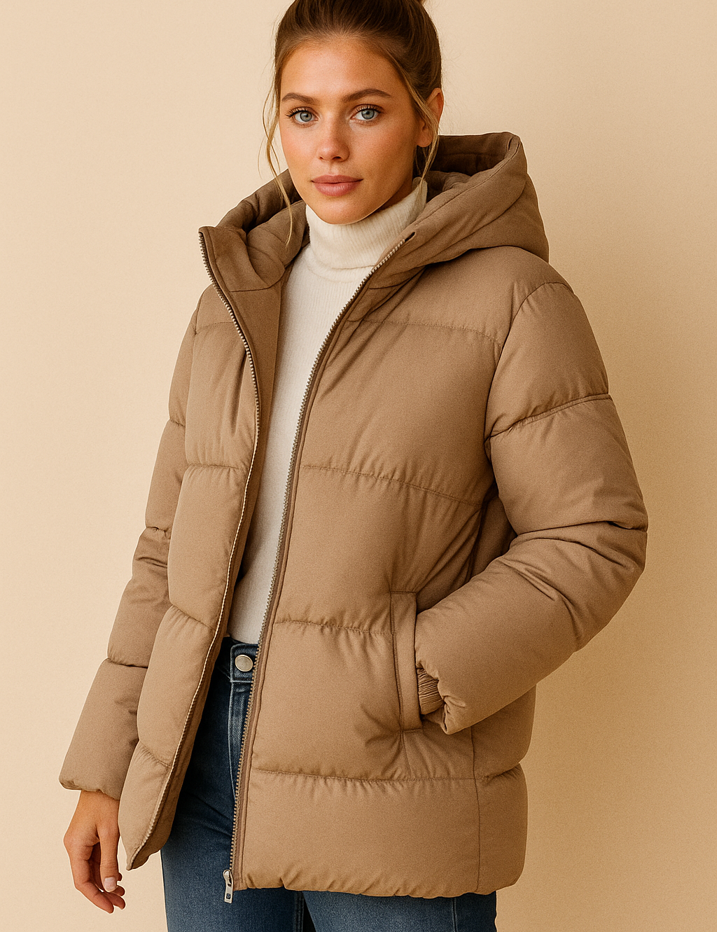 Puffer jacket beige with hood front view