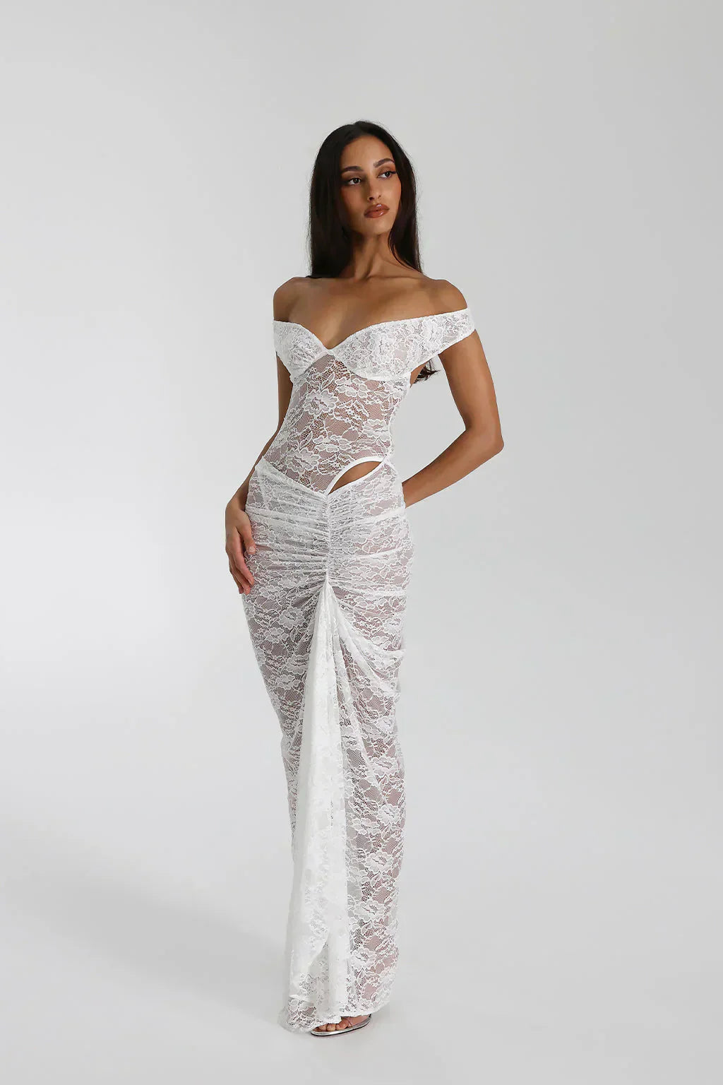White lace off-shoulder dress front view