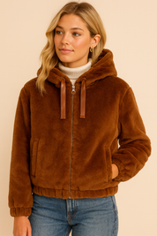 Brown teddy jacket with hood and zipper front view