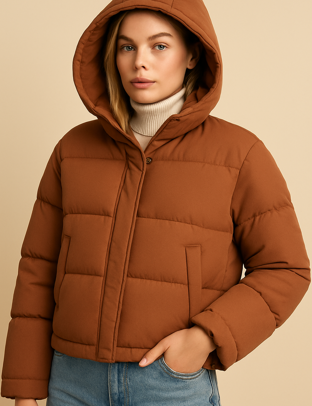 Brown puffer jacket with hood, front view