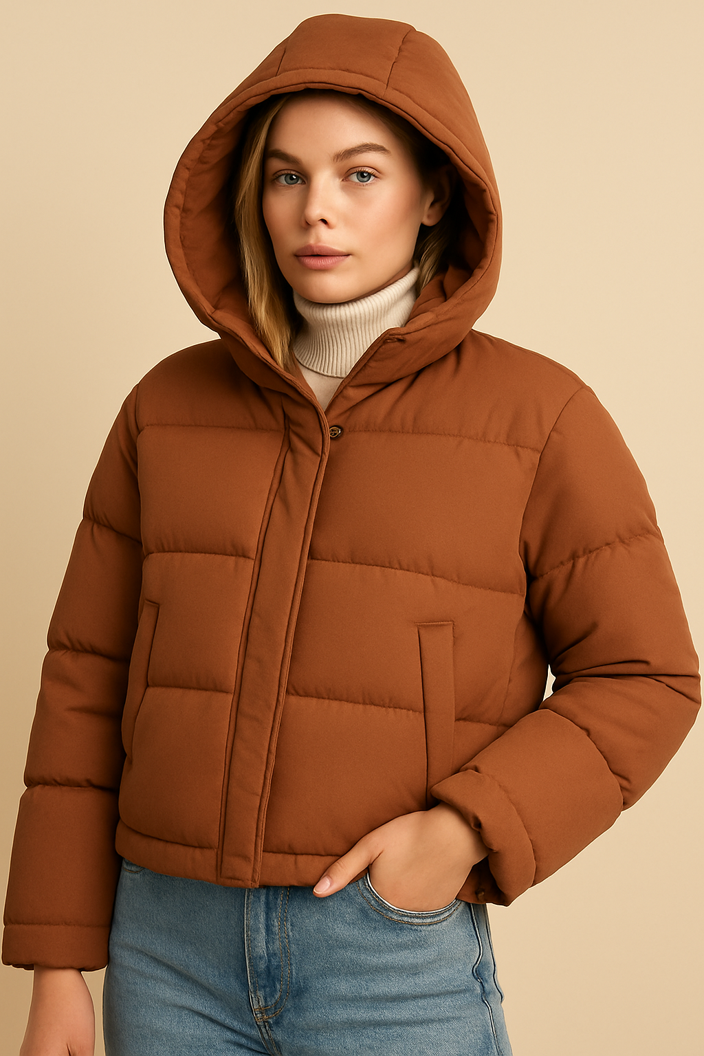 Brown puffer jacket with hood, front view