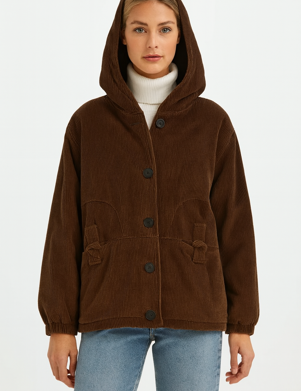 Brown corduroy hooded jacket with large pockets front view