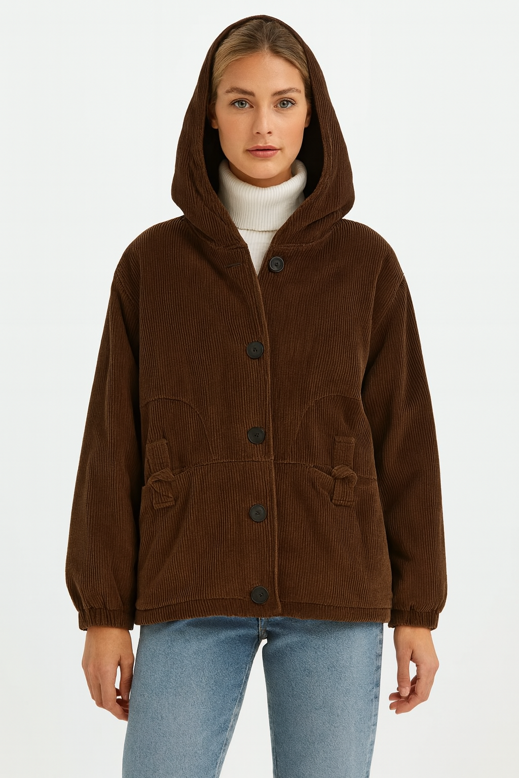 Brown corduroy hooded jacket with large pockets front view