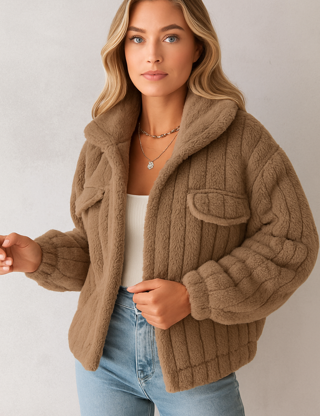 Fuzzy teddy coat tan front view