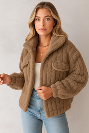 Fuzzy teddy coat tan front view