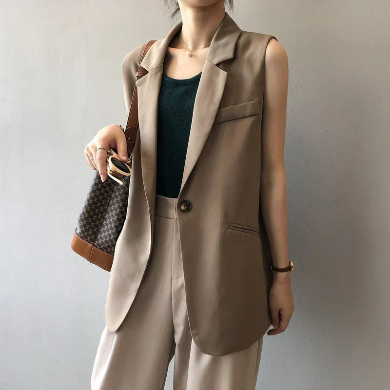 Beige sleeveless blazer vest front view