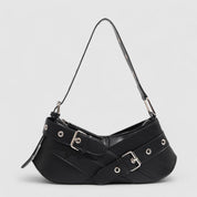 Black leather shoulder bag with buckle details front view