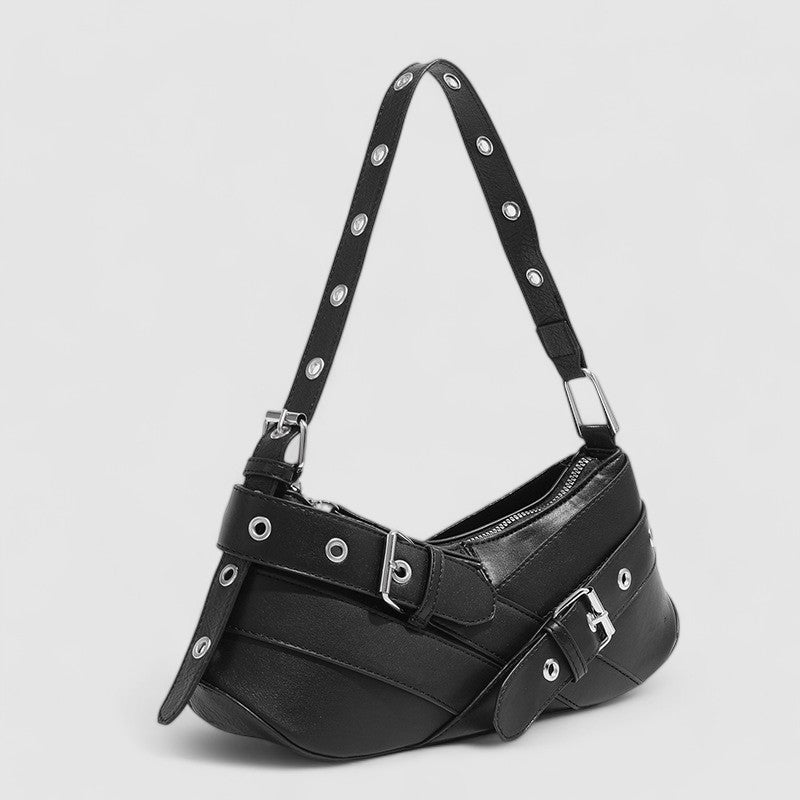 Black leather shoulder bag with buckle details side view