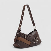 Brown leather shoulder bag with buckle details side view