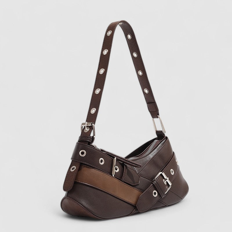 Brown leather shoulder bag with buckle details side view