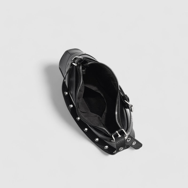 Black leather shoulder bag with buckle details top view