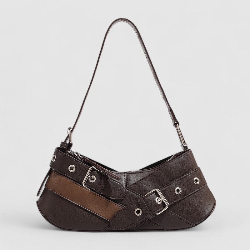 Brown leather shoulder bag with buckle details front view