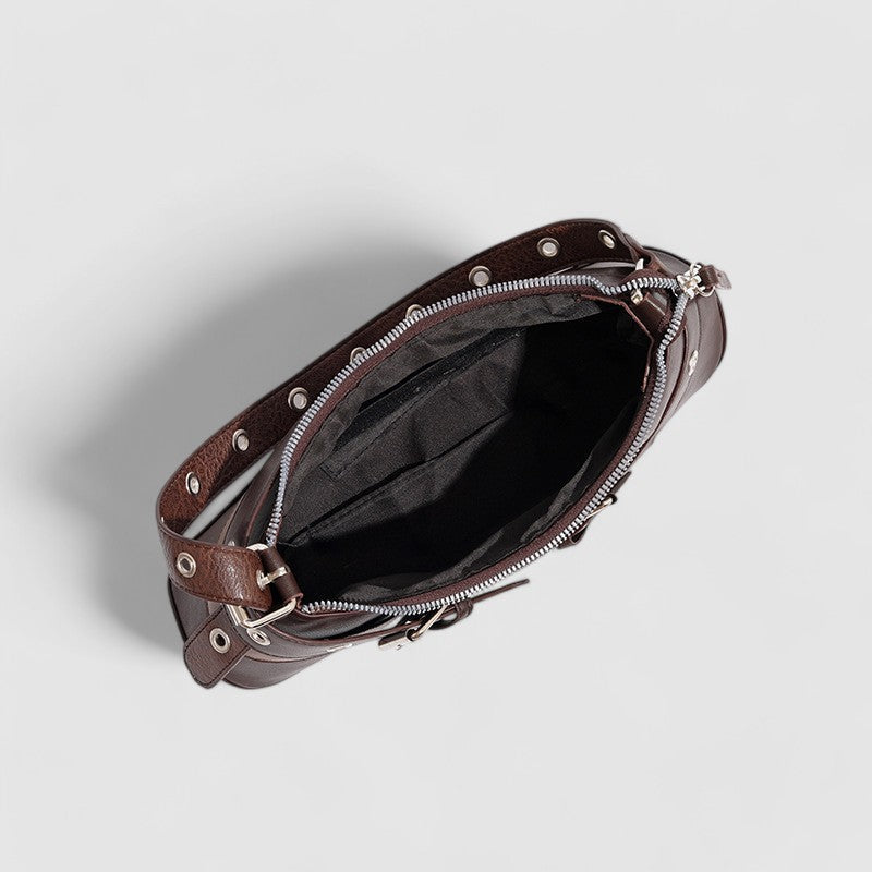 Brown leather shoulder bag with buckle details bottom view