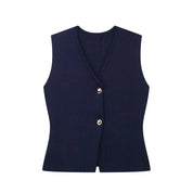 Mouwloze gilet top donkerblauw met gouden knopen vooraanzicht