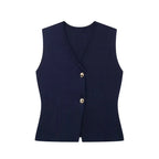 Mouwloze gilet top donkerblauw met gouden knopen vooraanzicht