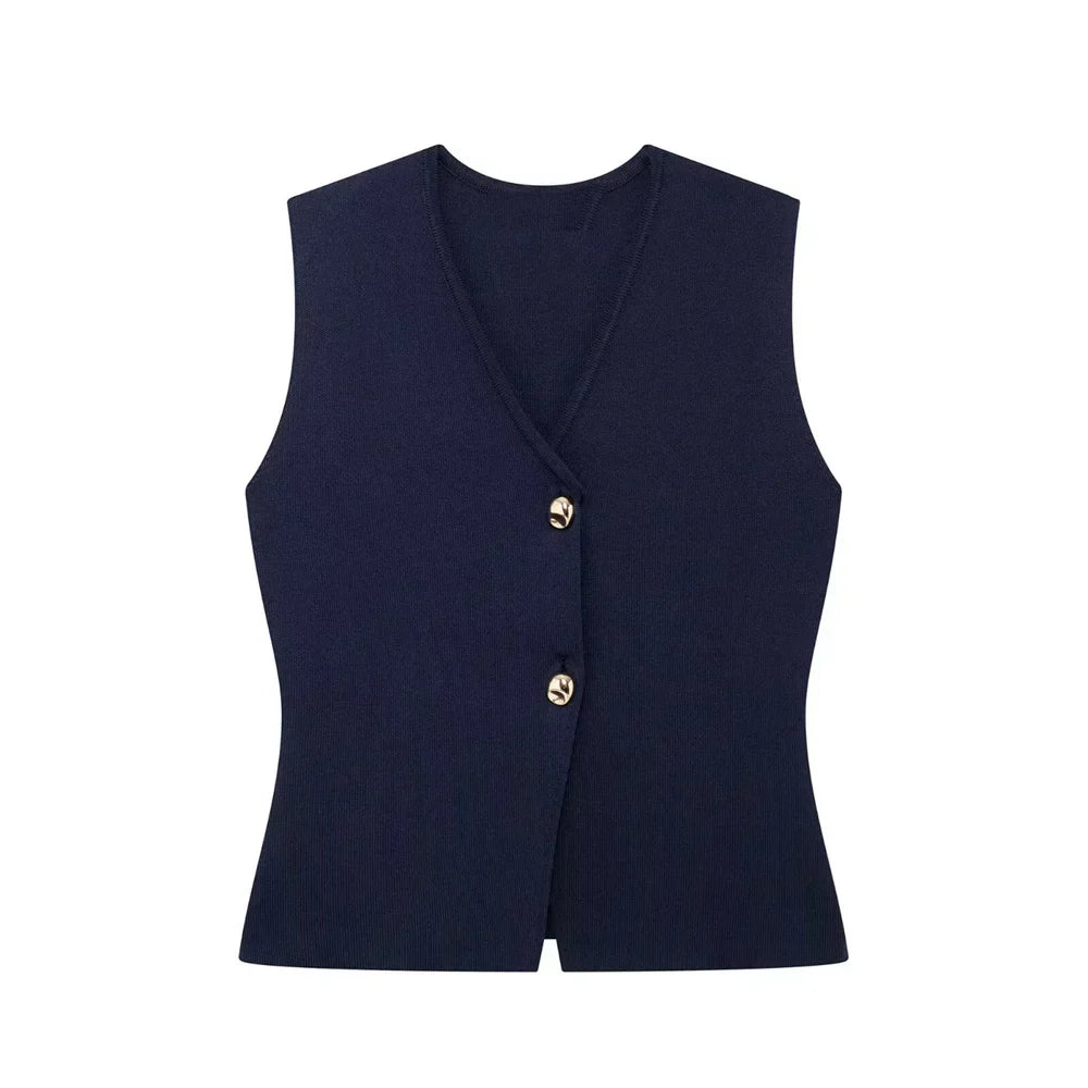 Mouwloze gilet top donkerblauw met gouden knopen vooraanzicht