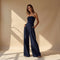 Strapless jumpsuit donkerblauw met korsetdetail front view
