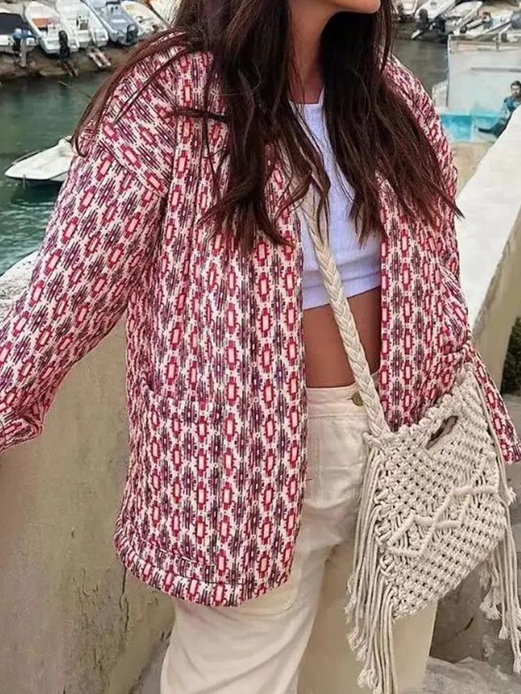 Women's jacket with red and white pattern, front view