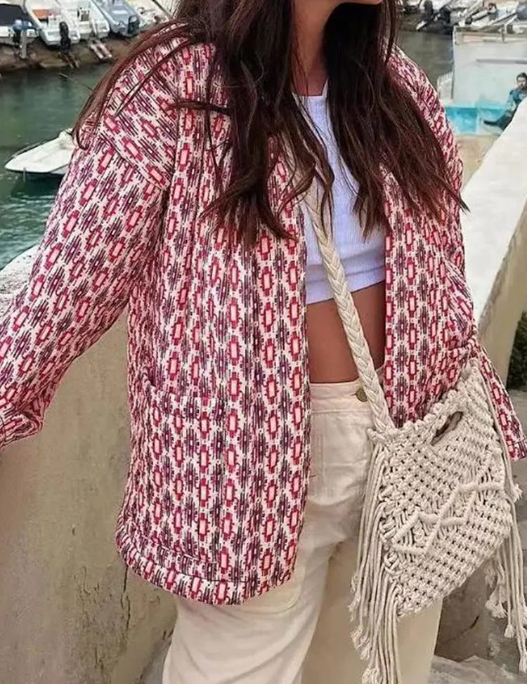 Women's jacket with red and white pattern, front view