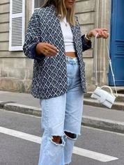 Women's jacket with blue and white pattern, side view