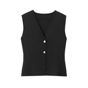 Zwart mouwloze gilet met V-hals en gouden knopen vooraanzicht