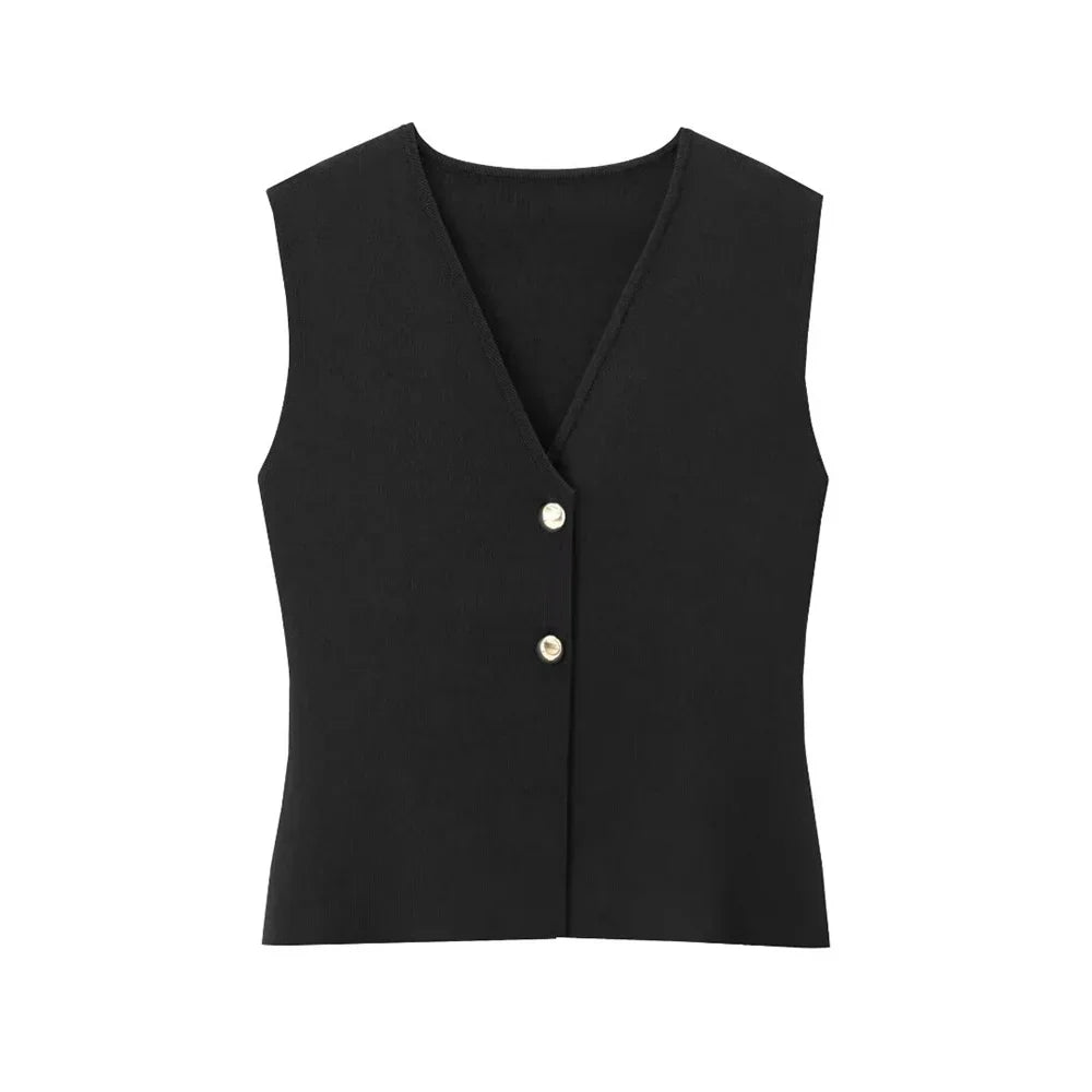 Zwart mouwloze gilet met V-hals en gouden knopen vooraanzicht