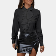 Black blouse with ruffles front view