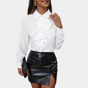 White blouse with ruffles front view