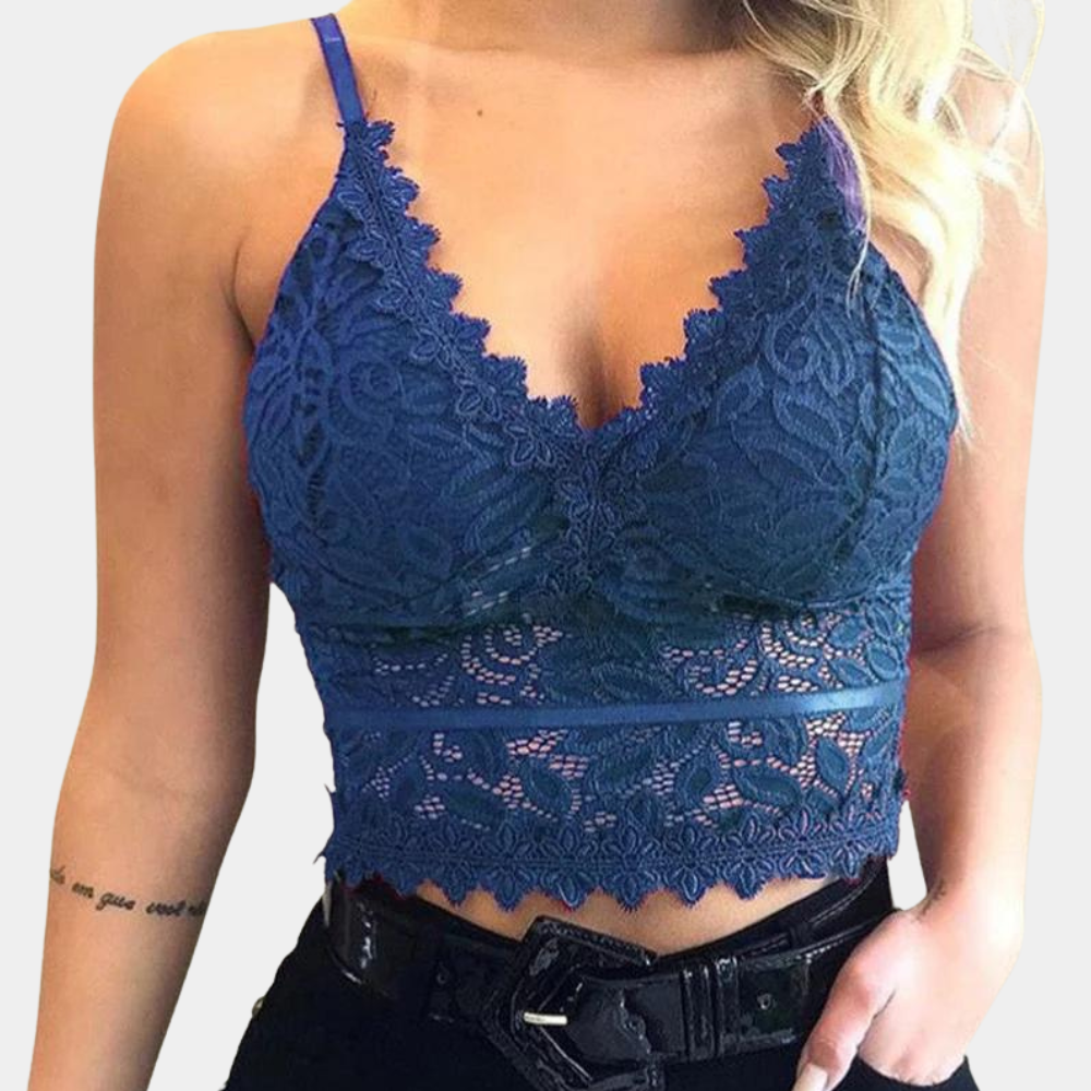 Kanten cropped top blauw met diepe V-hals vooraanzicht