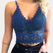 Kanten cropped top blauw met diepe V-hals vooraanzicht