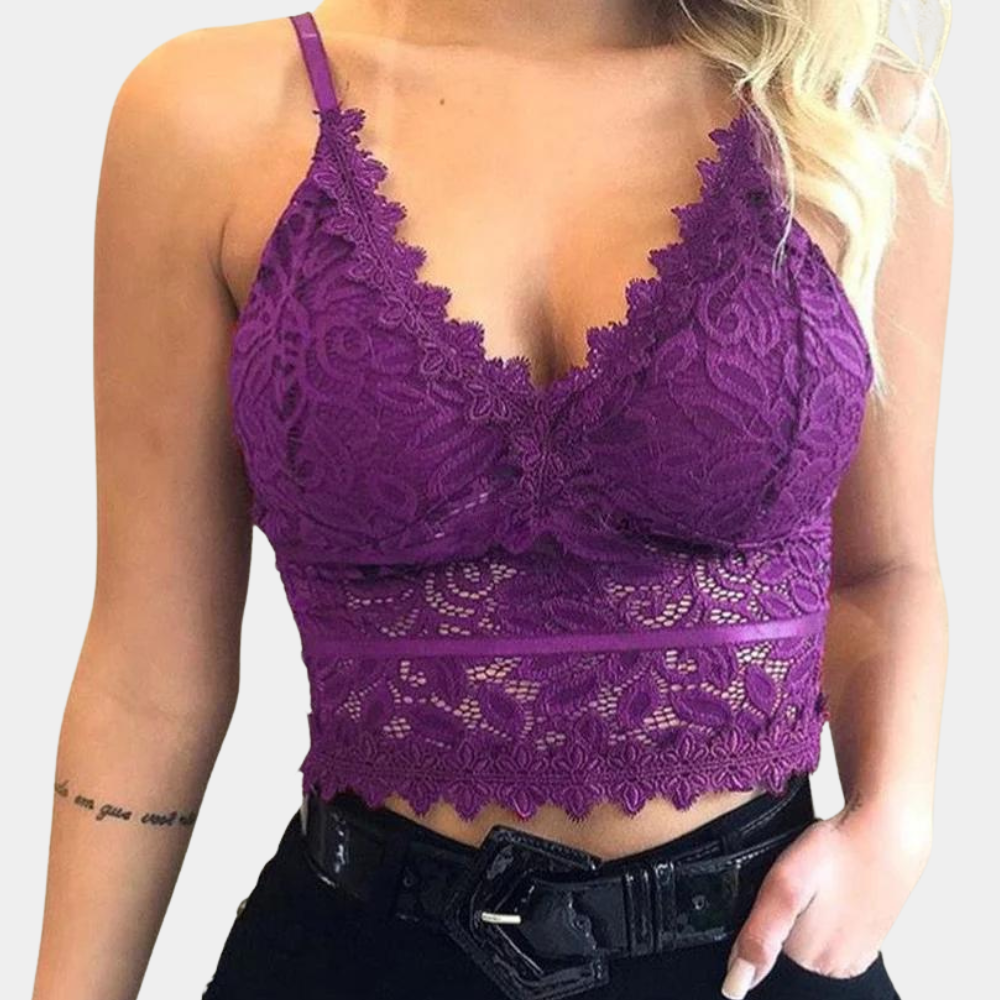 Kanten cropped top paars met V-hals en detailvoering vooruitschot